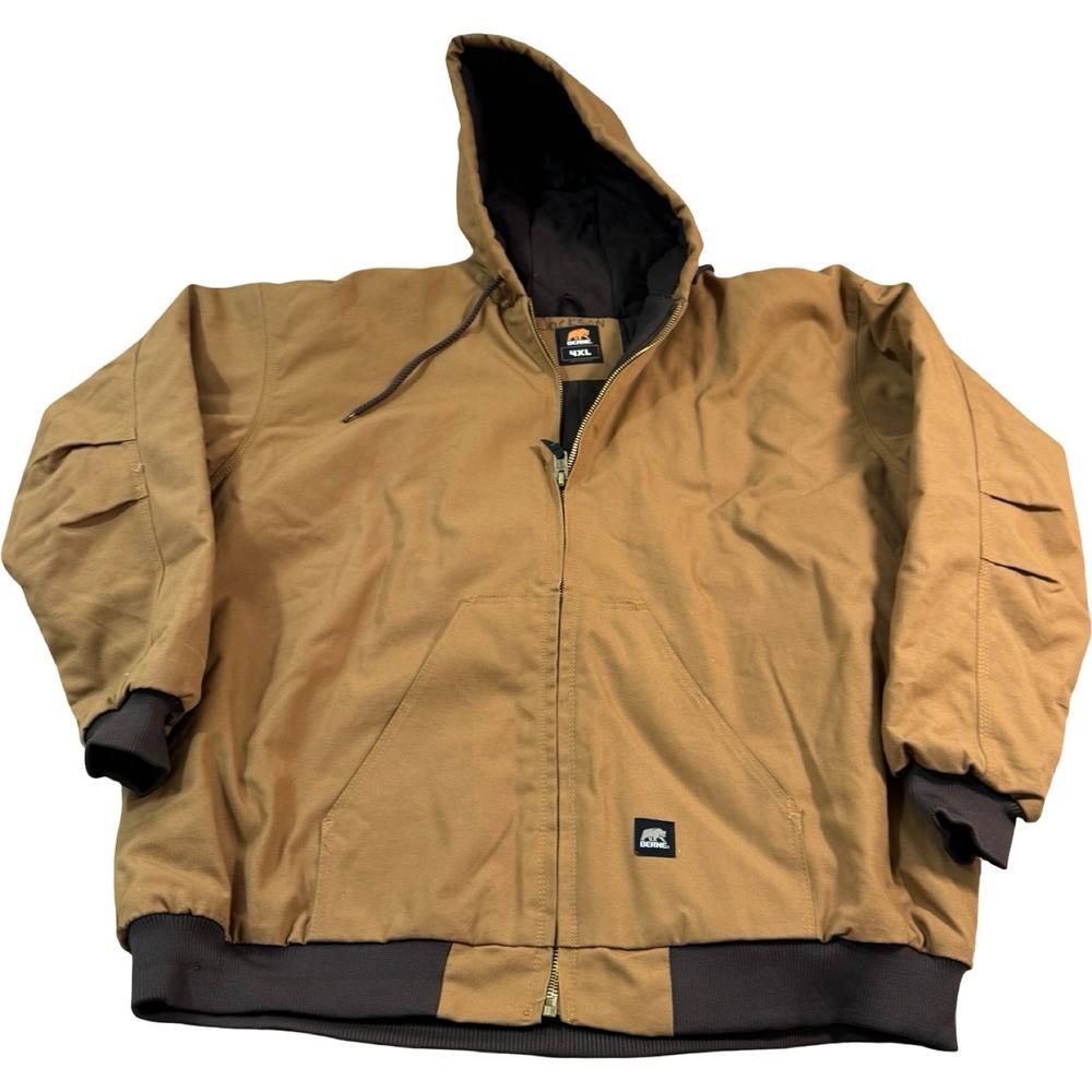 Berne 4XL Hooded Duck Jacket Brown Full Zip Work Coat Insulated Lined Heavy Duty